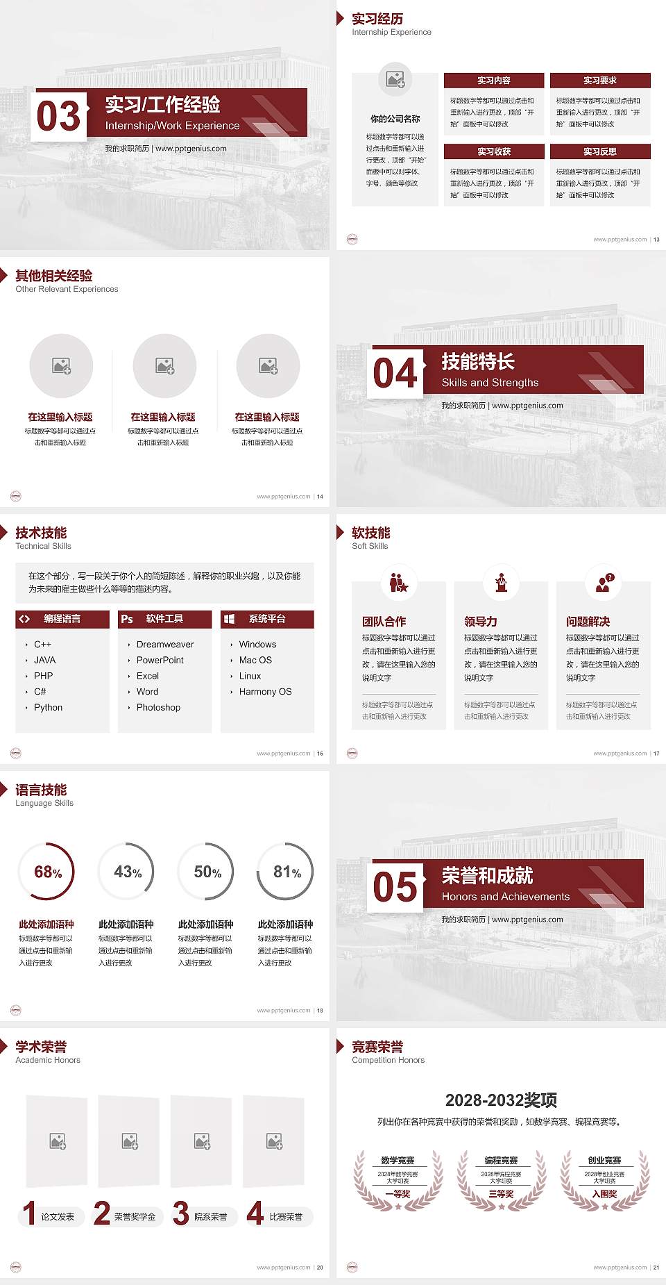 阜阳理工学院教师/学生通用个人简历PPT模板4:3格式幻灯片预览图3