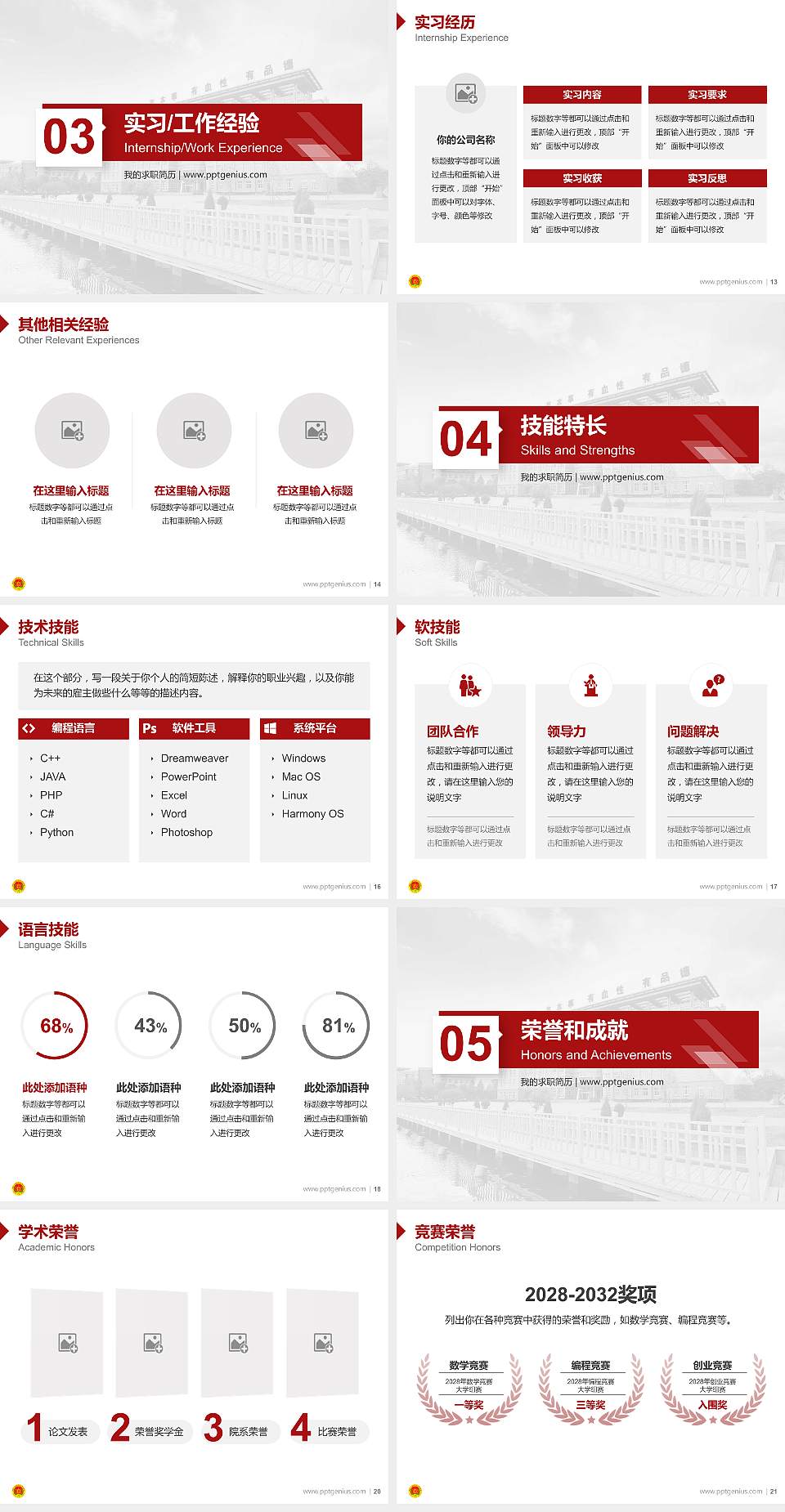 中国人民解放军陆军防化学院教师/学生通用个人简历PPT模板4:3格式幻灯片预览图3