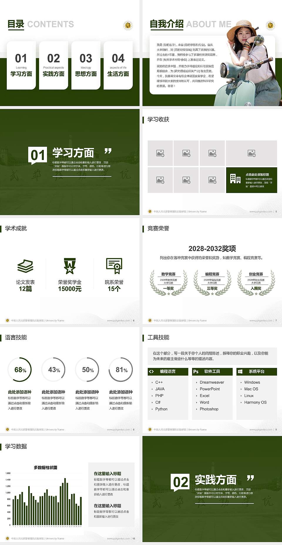 中国人民武装警察部队后勤学院专用国家奖学金答辩PPT模板4:3格式幻灯片预览图2