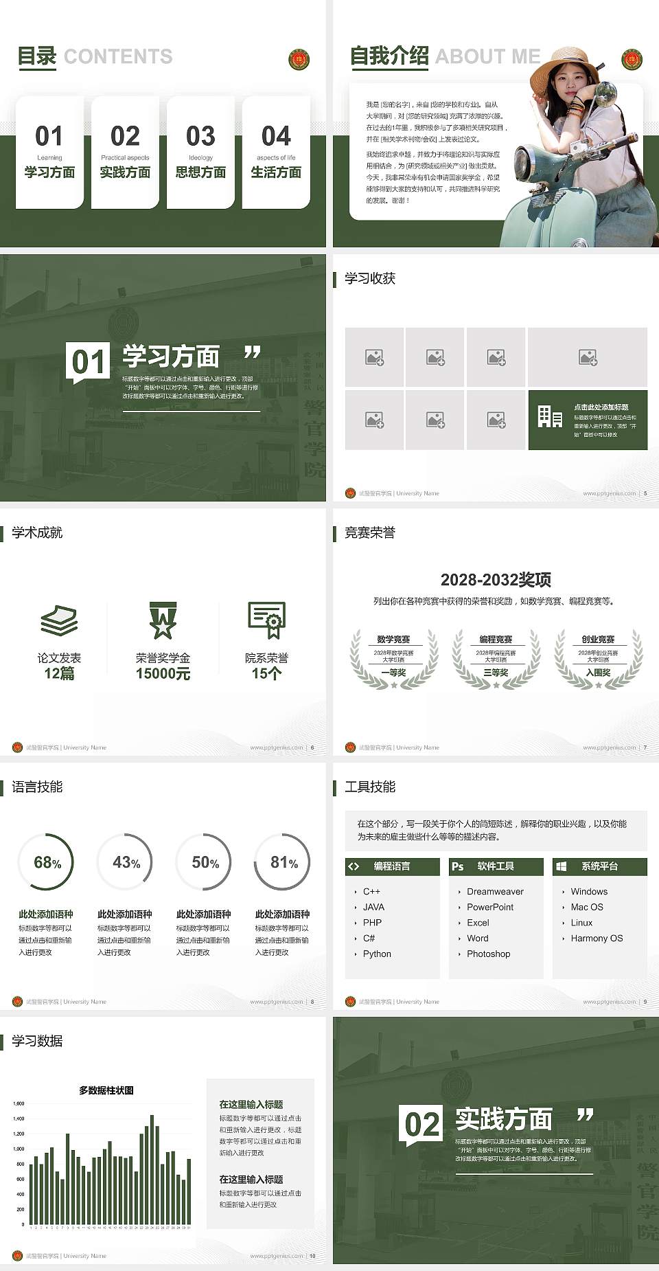 武警警官学院专用国家奖学金答辩PPT模板4:3格式幻灯片预览图2