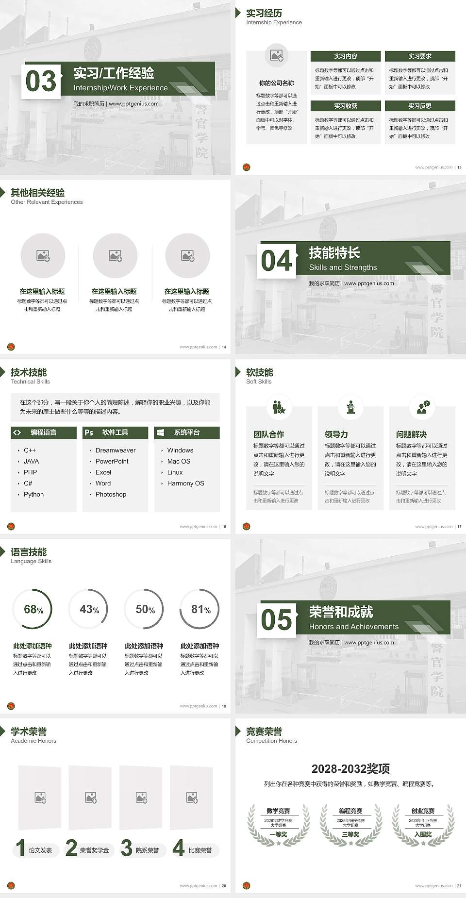 武警警官学院教师/学生通用个人简历PPT模板4:3格式幻灯片预览图3