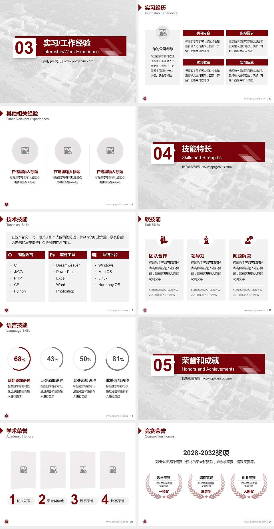 平顶山文化艺术职业学院教师/学生通用个人简历PPT模板4:3格式幻灯片预览图3