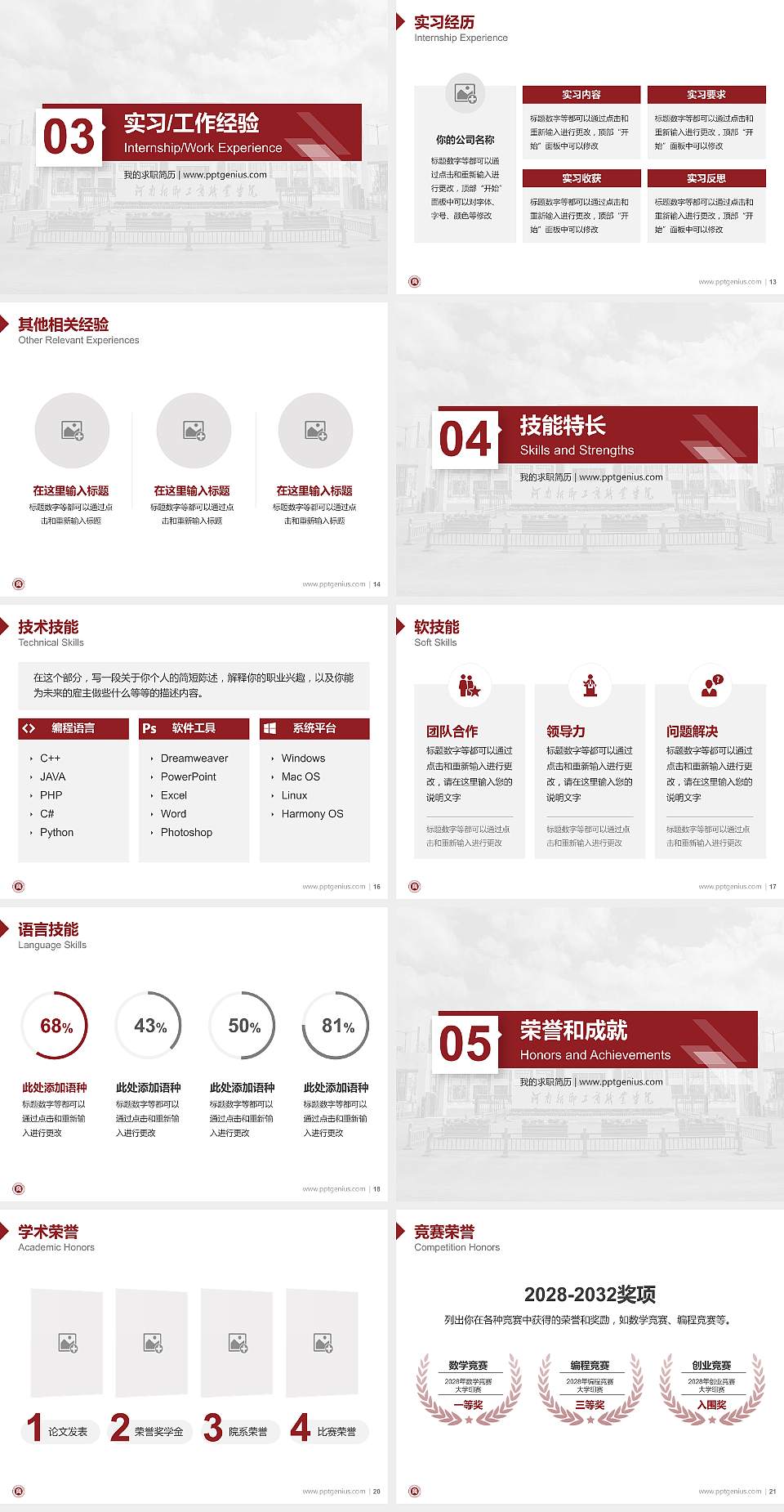 河南新乡工商职业学院教师/学生通用个人简历PPT模板4:3格式幻灯片预览图3