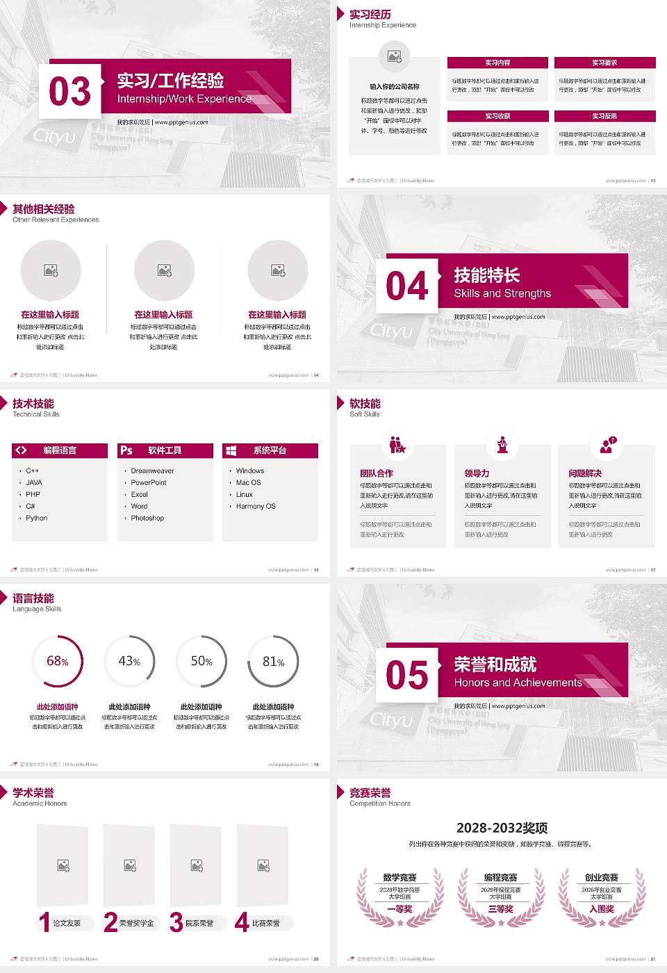 香港城市大学（东莞）教师/学生通用个人简历PPT模板16:9格式幻灯片预览图3