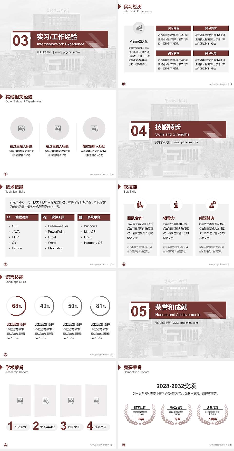 常德科技职业技术学院教师/学生通用个人简历PPT模板4:3格式幻灯片预览图3