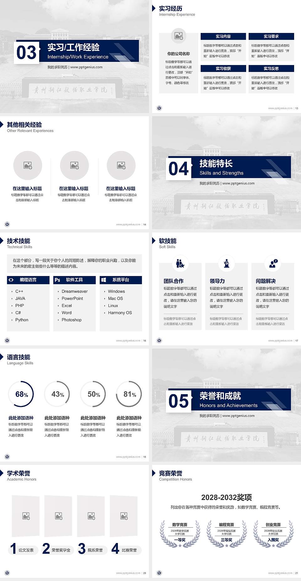 贵州铜仁数据职业学院教师/学生通用个人简历PPT模板4:3格式幻灯片预览图3