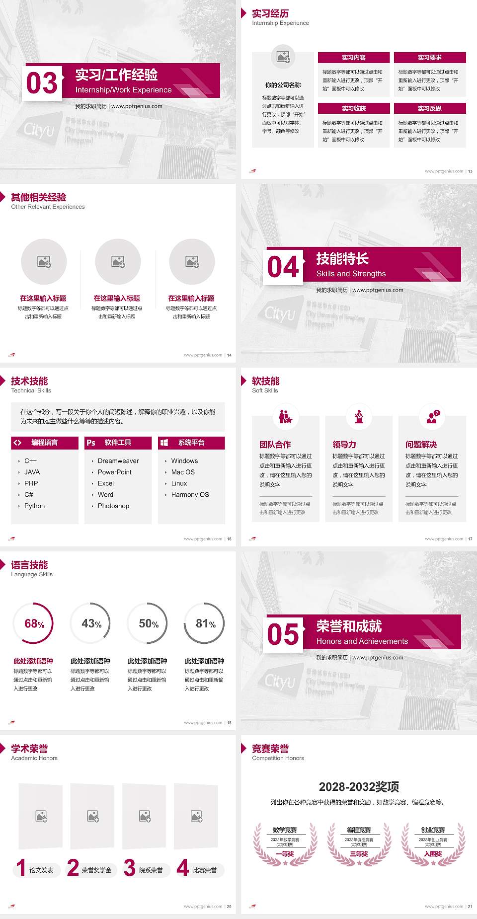 香港城市大学（东莞）教师/学生通用个人简历PPT模板4:3格式幻灯片预览图3