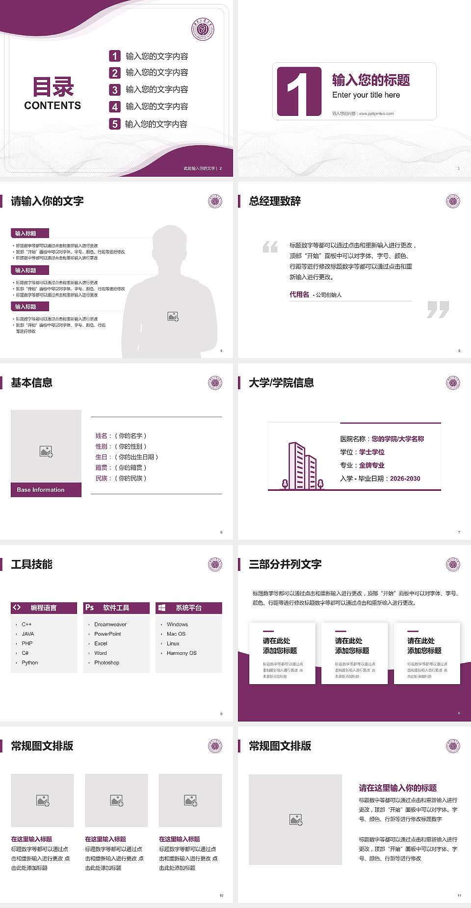 湖南工业大学大学生职业生涯规划书PPT模板下载4:3格式幻灯片预览图2